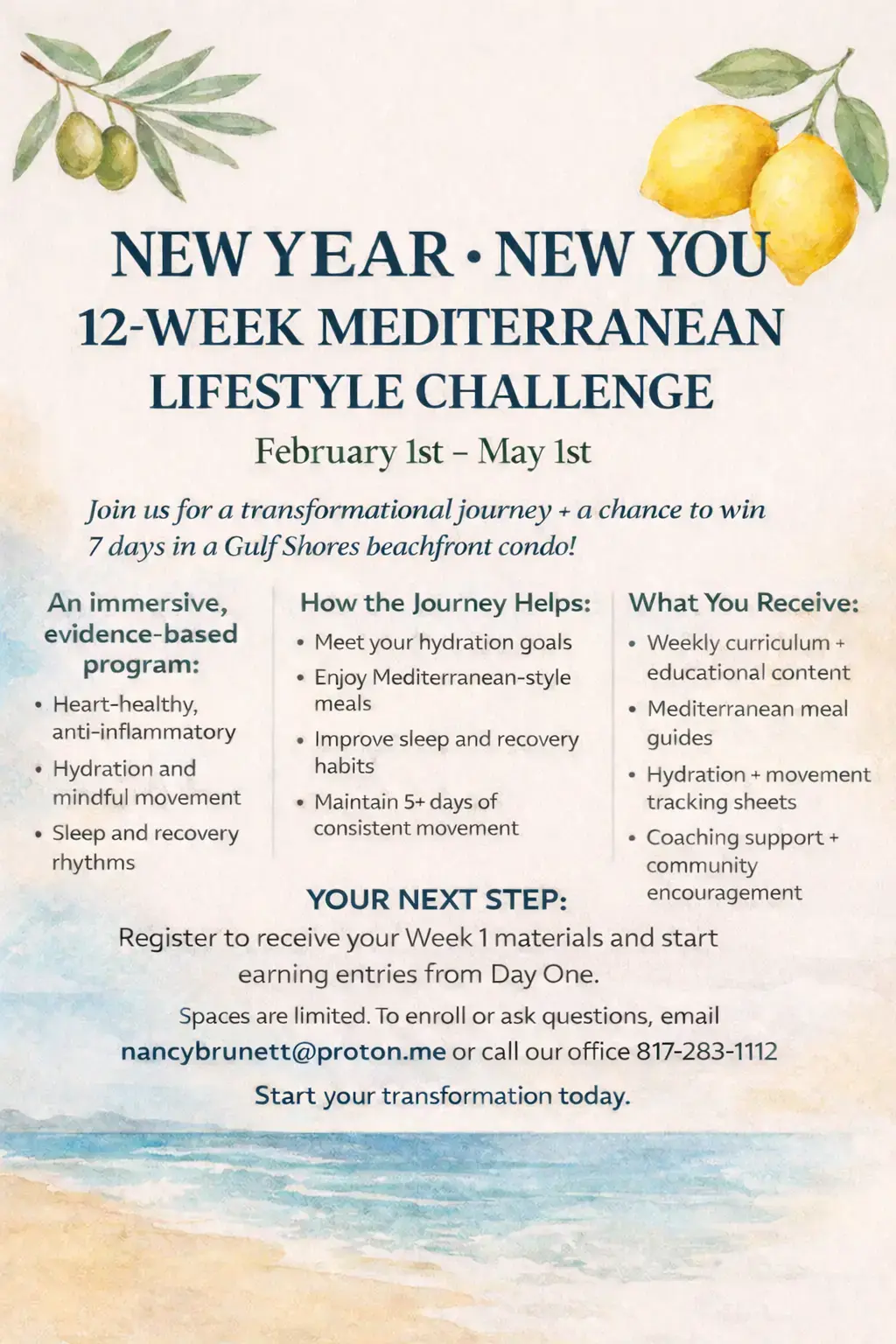 Event Flyer for 12-week Mediterranean Lifestyle Challenge email nancybrunett@proton.me to register